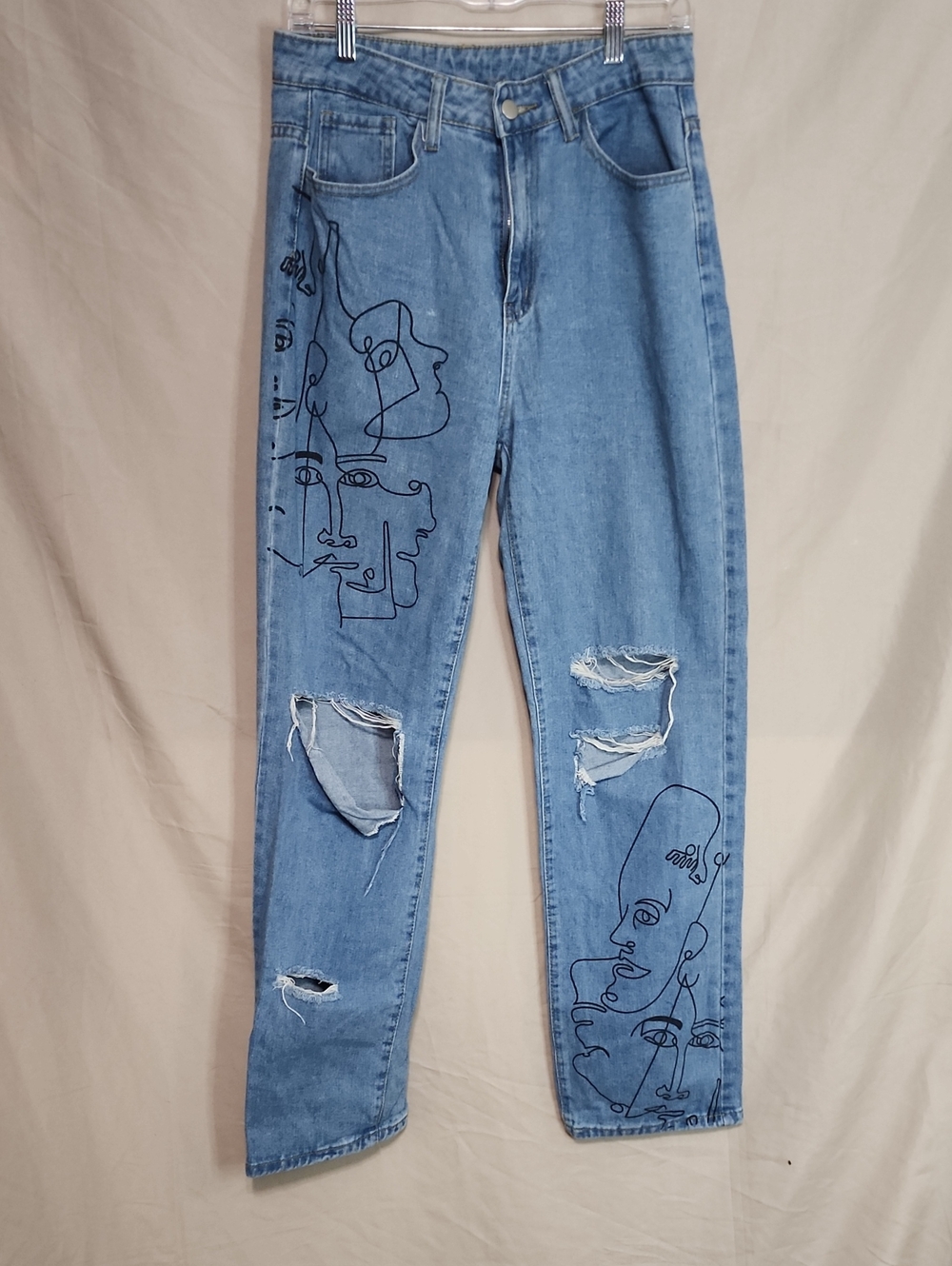 SHEIN Light Blue Distressed Boyfriend Jeans with Line-Art Faces